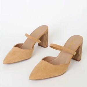 NEW Lulus - Women's Camel Suede Block Heel Mules